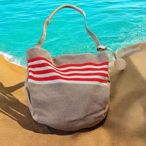 The Sak Tan Red White Crochet Leather Shoulder Bag Hobo Purse Beach Bag